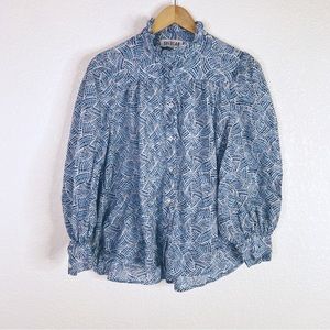 Secular Blue & White High Neck Cotton Long Sleeve Blouse